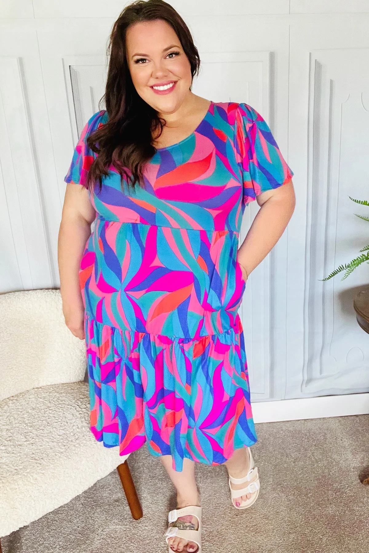Remember Me Blue & Fuchsia Geo Print V Neck Dress - Image 8