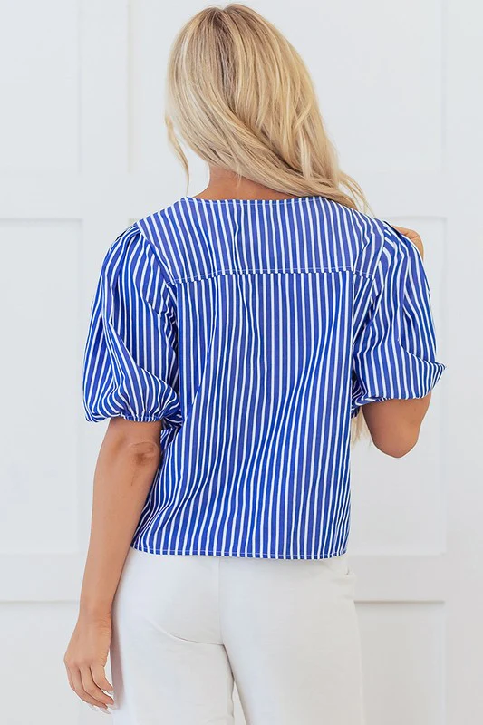 Blue Stripe Tied Front Puff Short Sleeve Blouse - Image 4