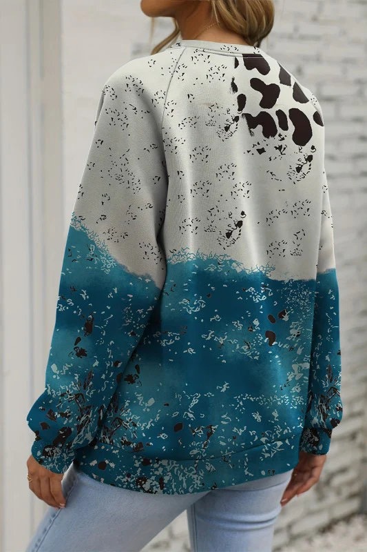 Blue Tie Dye Cow Color Block Pullover Sweatshirt - Image 6
