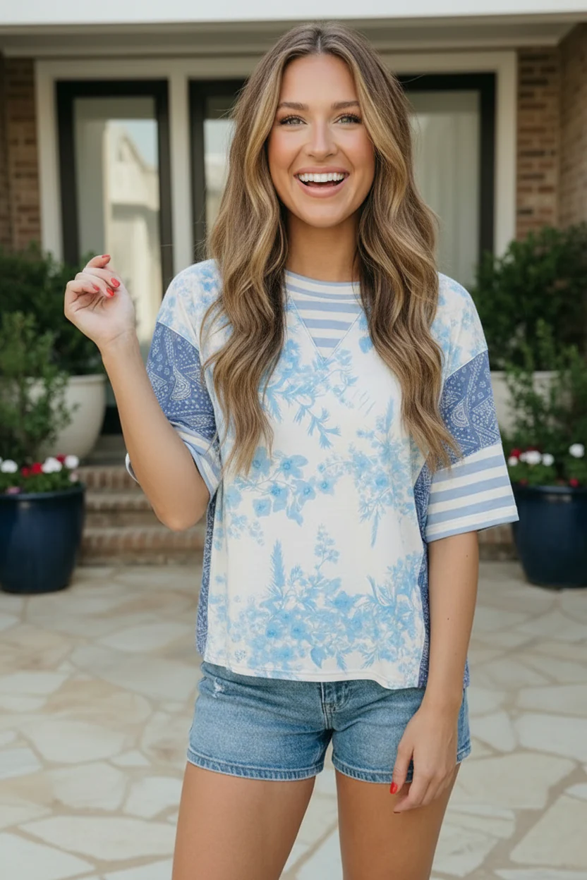 Blue Toile Mixed Print Oversized Tee - Image 3