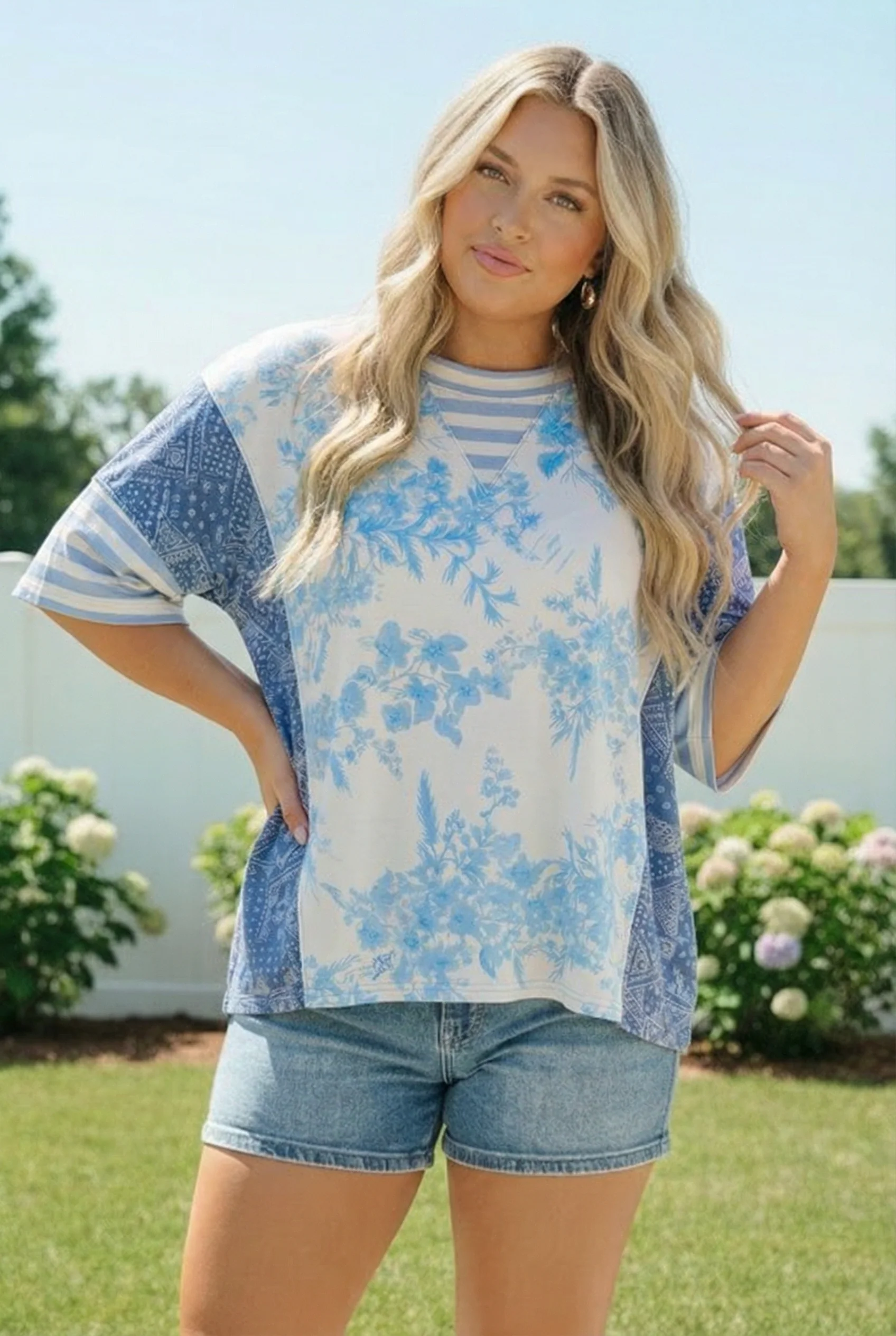 Blue Toile Mixed Print Oversized Tee - Image 7