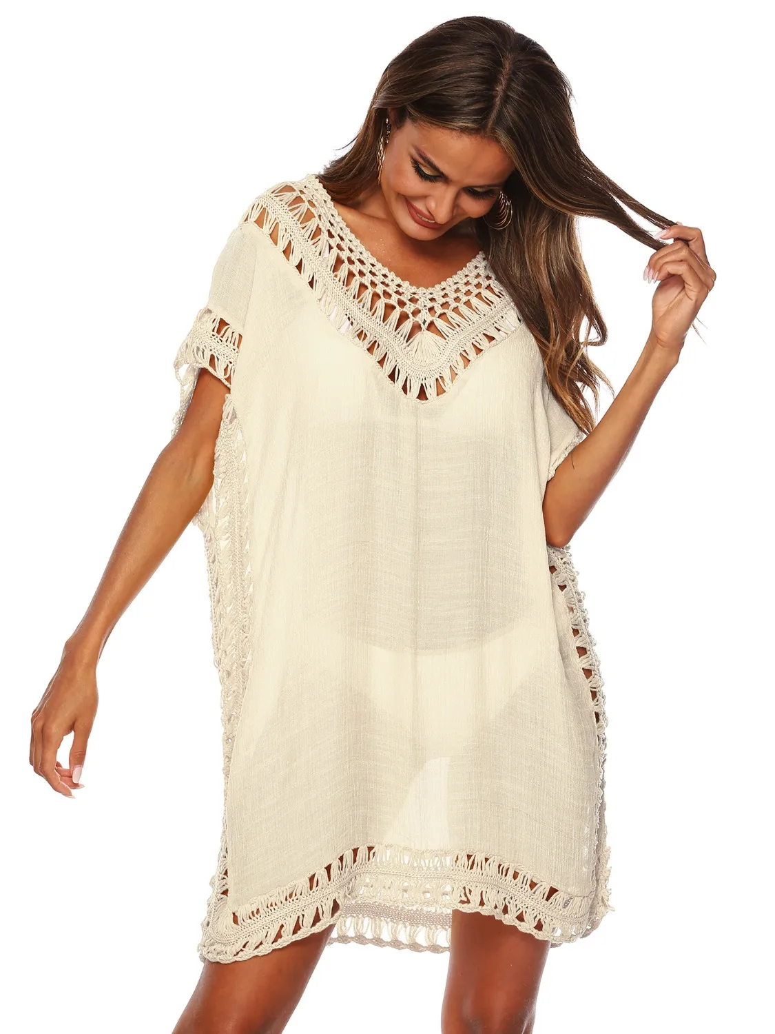 Bohemian Crochet Trim Beach Cover Up Dress - Image 2