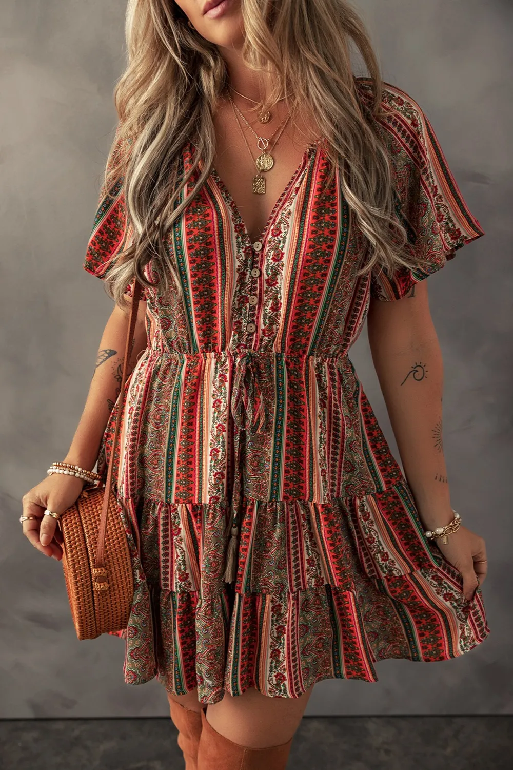 Bohemian Floral Print Buttoned V Neck Ruffle Tiered Dress - Image 2