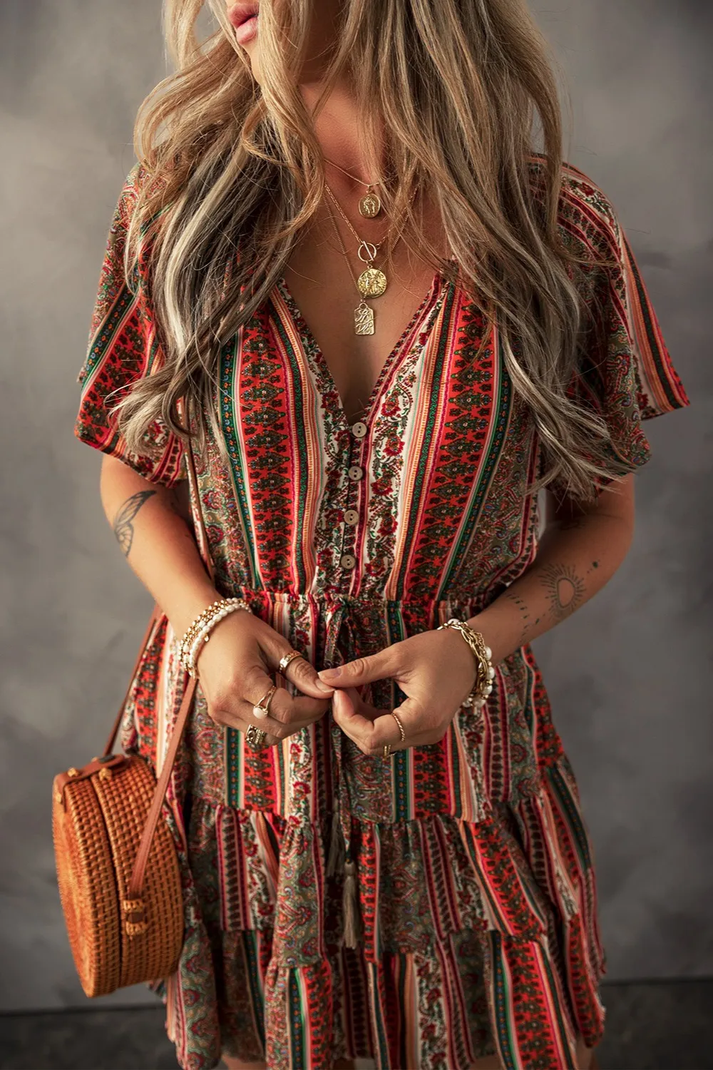 Bohemian Floral Print Buttoned V Neck Ruffle Tiered Dress - Image 4