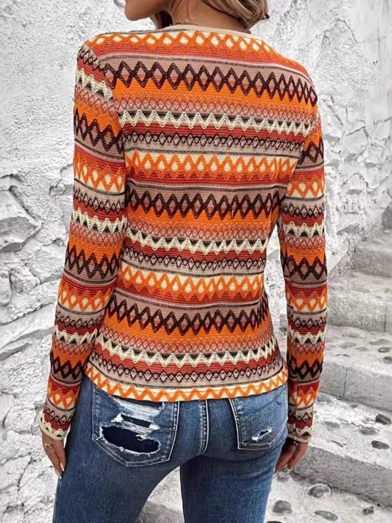 Bohemian Geometric Pattern Long Sleeve T-Shirt - Image 2