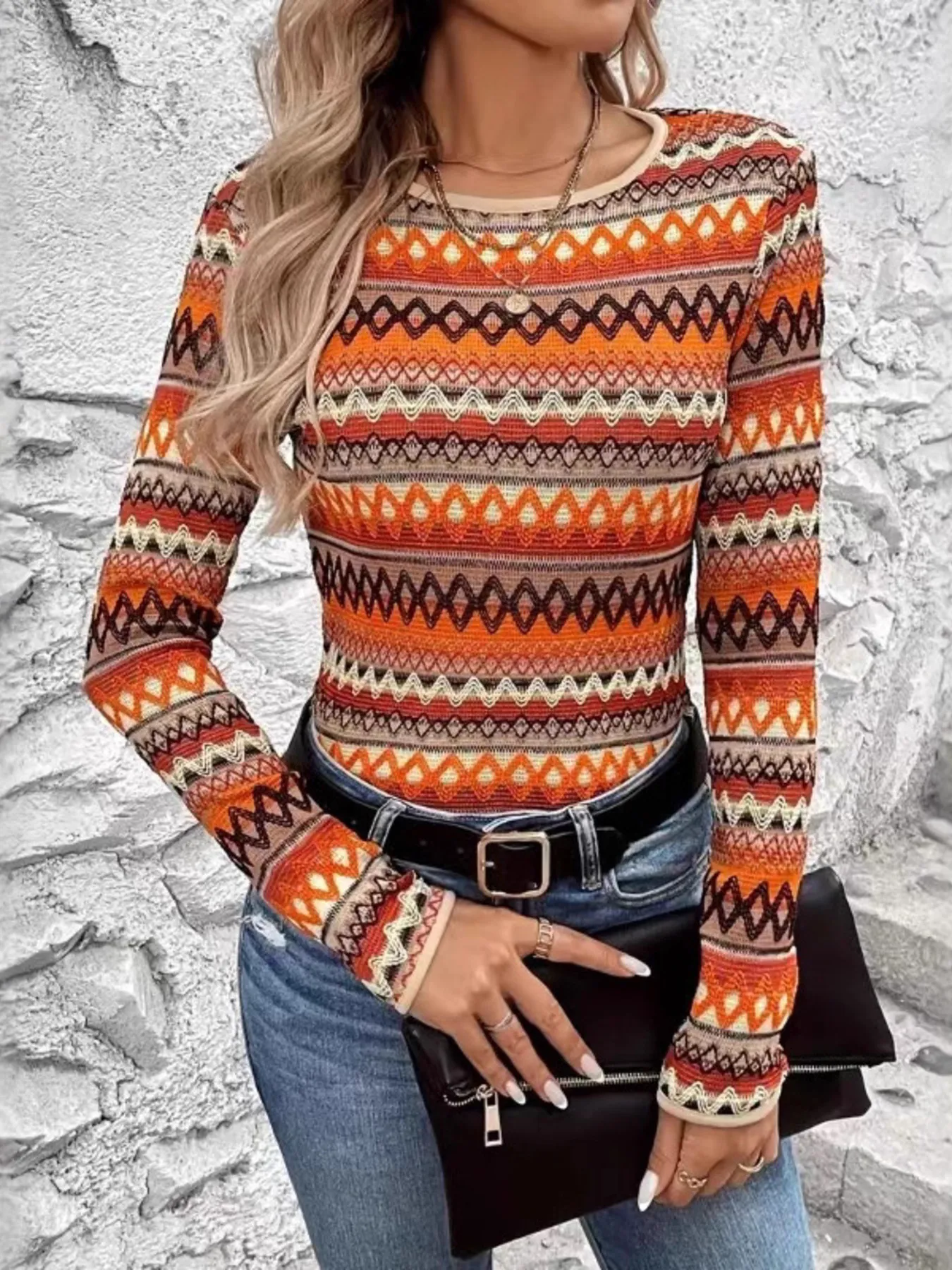 Bohemian Geometric Pattern Long Sleeve T-Shirt - Image 3