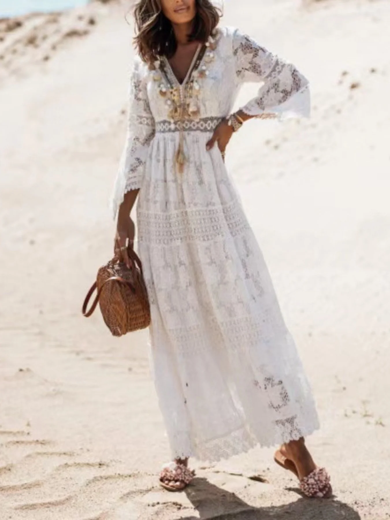 Bohemian Lace Maxi Dress with Bell Sleeves - Image 8