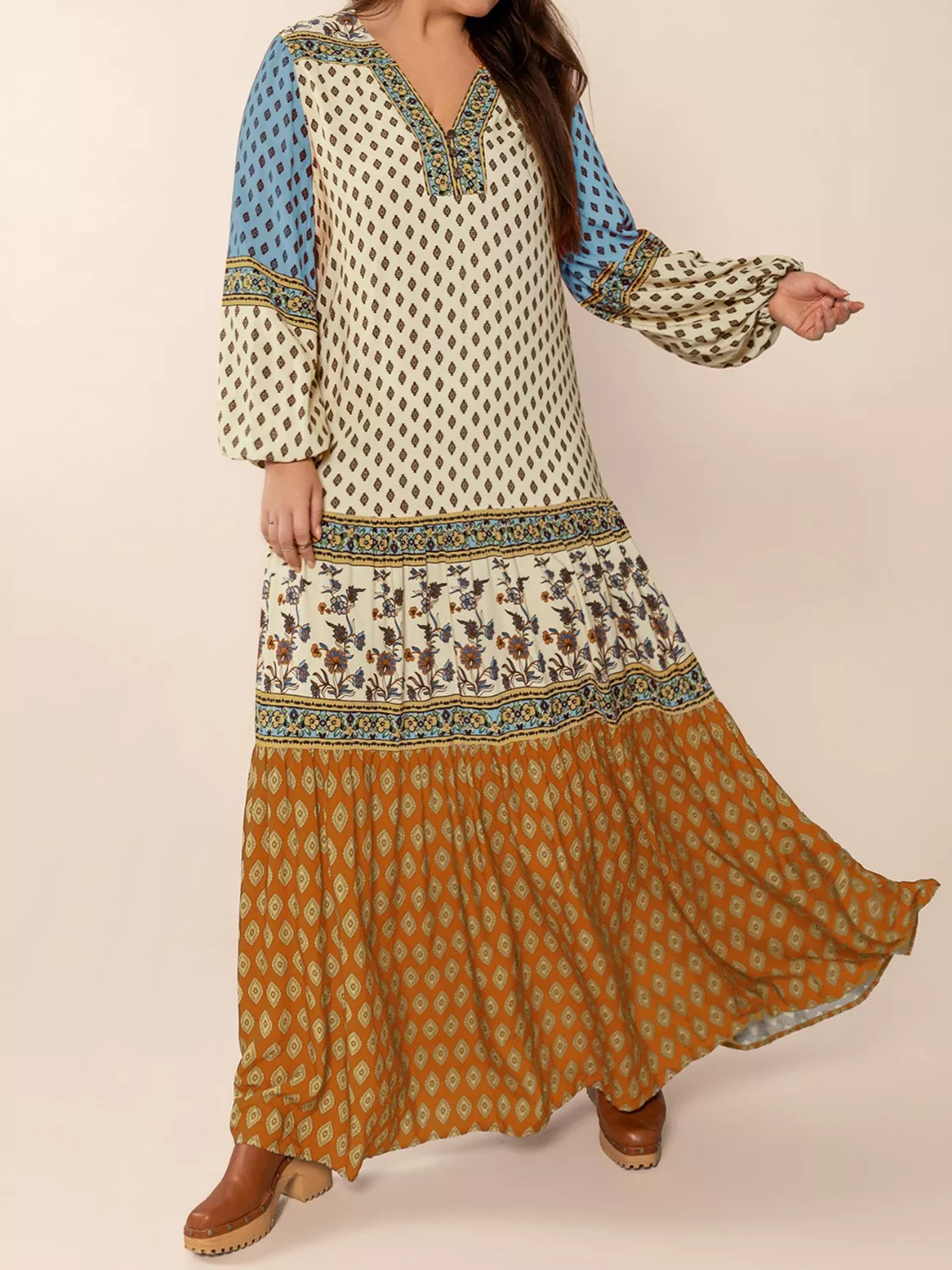 Bohemian Mixed Print Long Sleeve Maxi Dress - Image 2