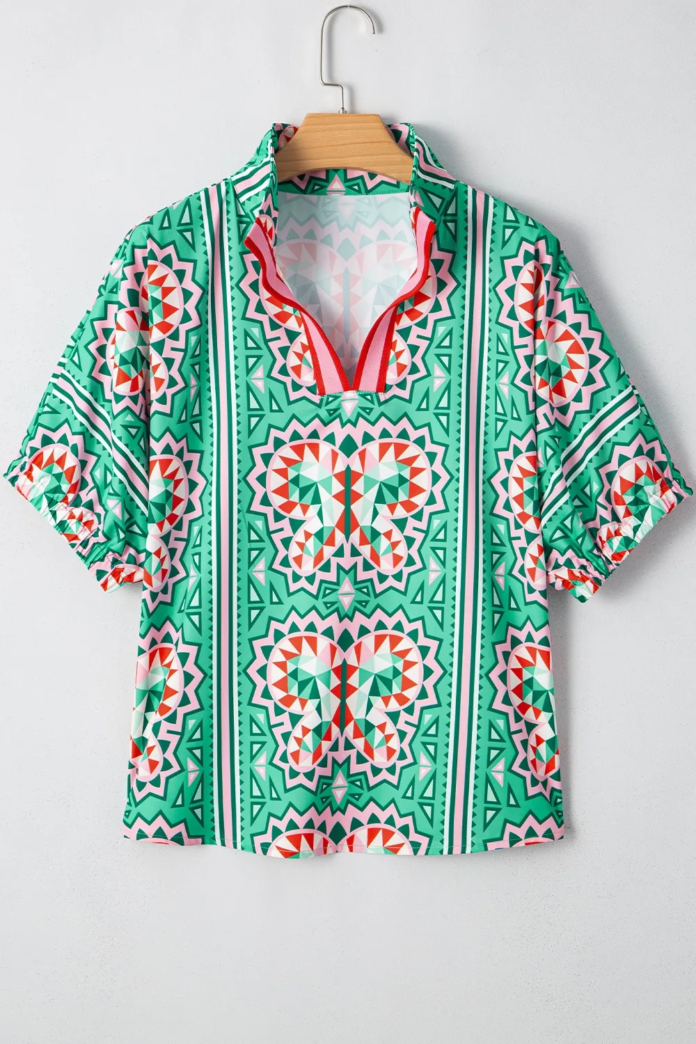 Boho Abstract Print Contrast Striped Collared V Neck Blouse - Image 3