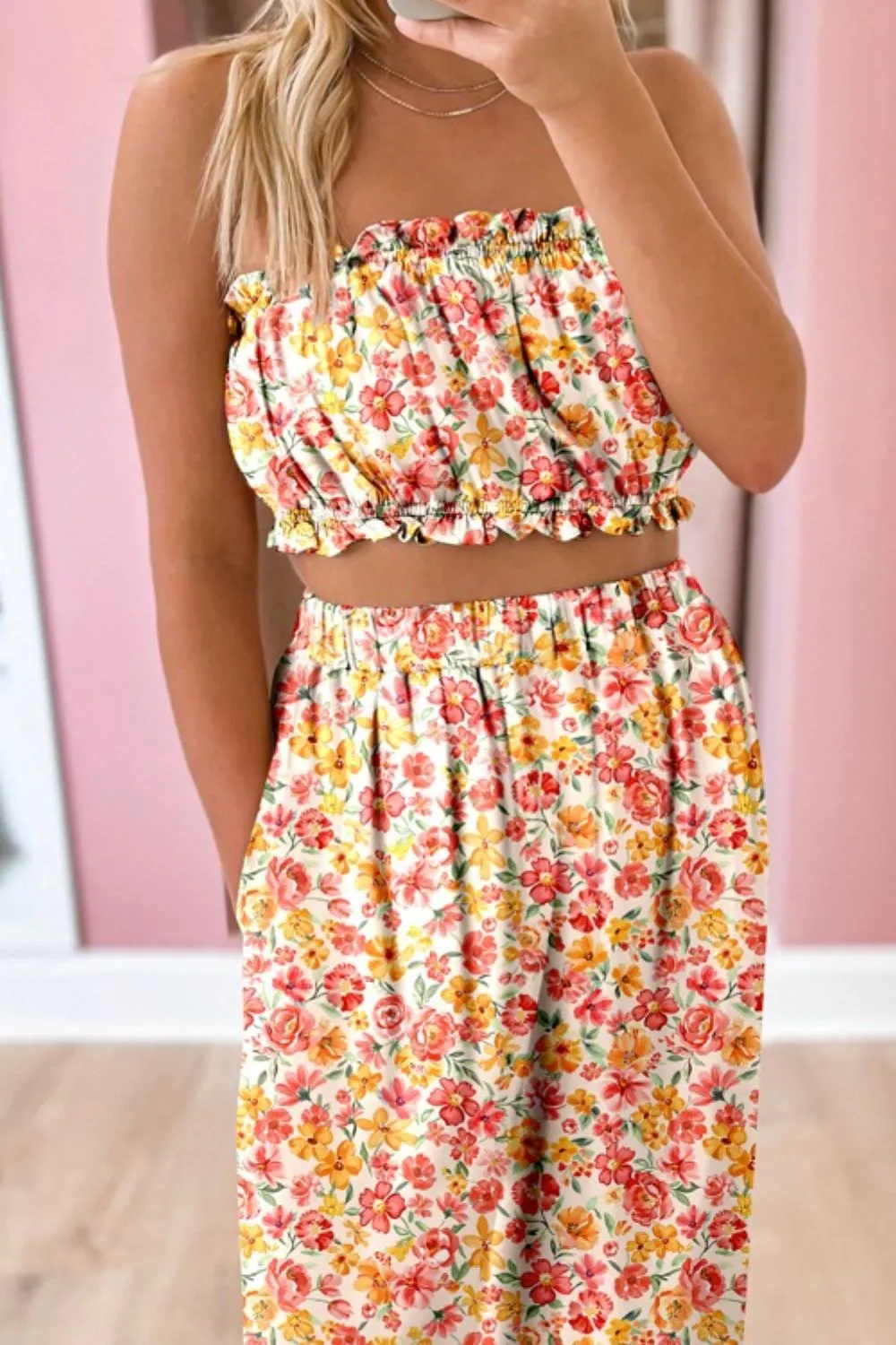 Boho Floral Bandeau Top and High Waist Wide Leg Pants Set - Image 3