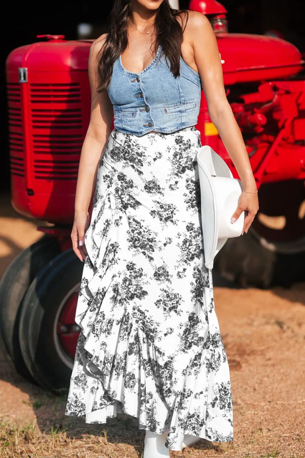 Boho Floral High Waist Ruffle Split Maxi Skirt - Image 3