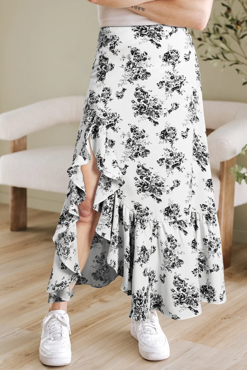 Boho Floral High Waist Ruffle Split Maxi Skirt - Image 4
