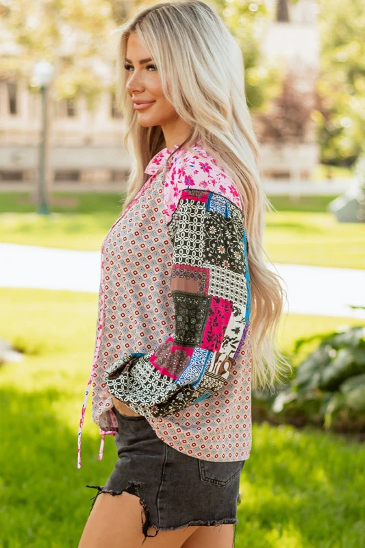 Boho Floral Patchwork Bubble Sleeve Blouse - Image 3