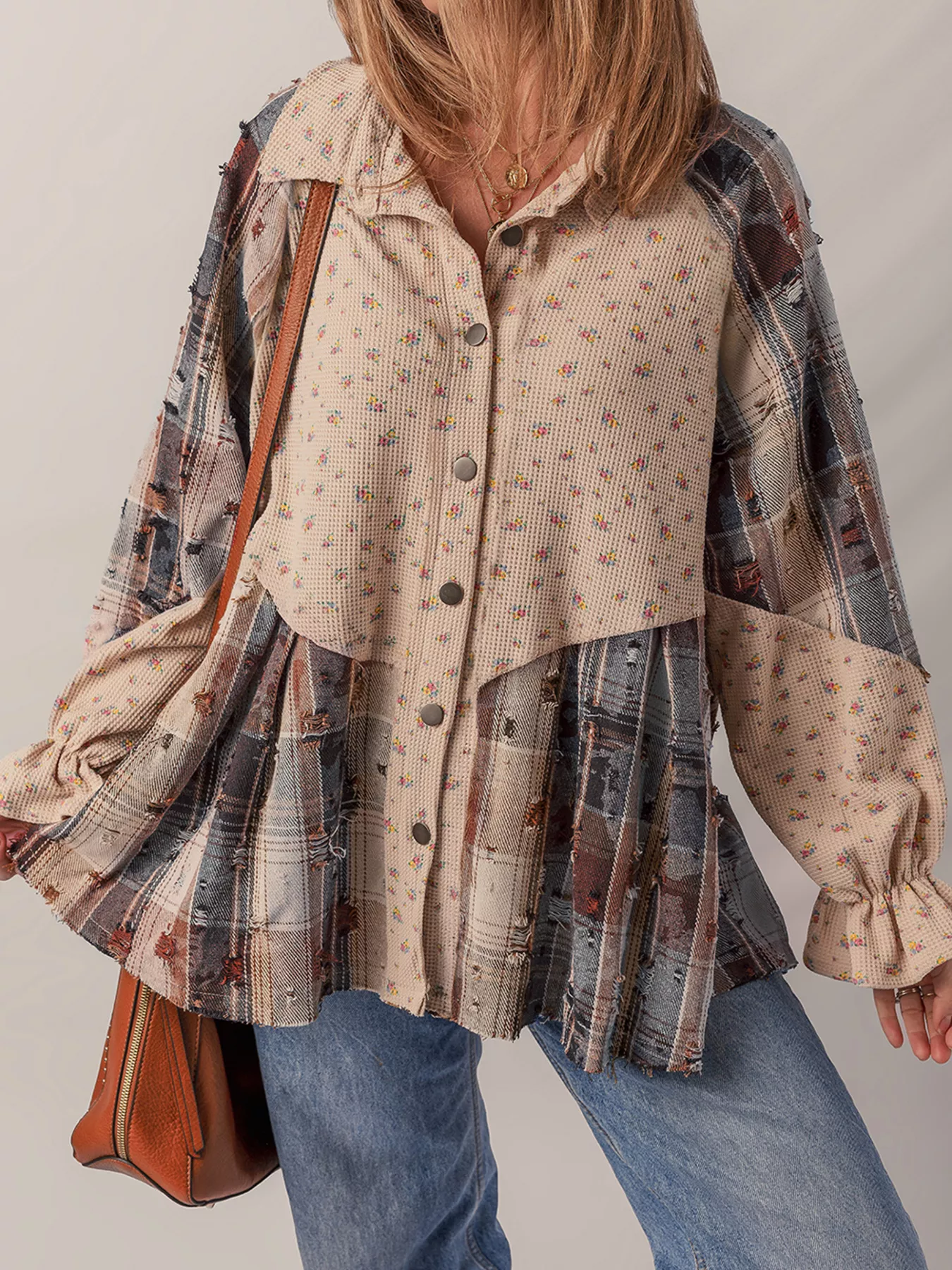 Boho Floral Plaid Patchwork Distressed Detail Ruffled Sleeve Waffle Knit Shacket - Image 2