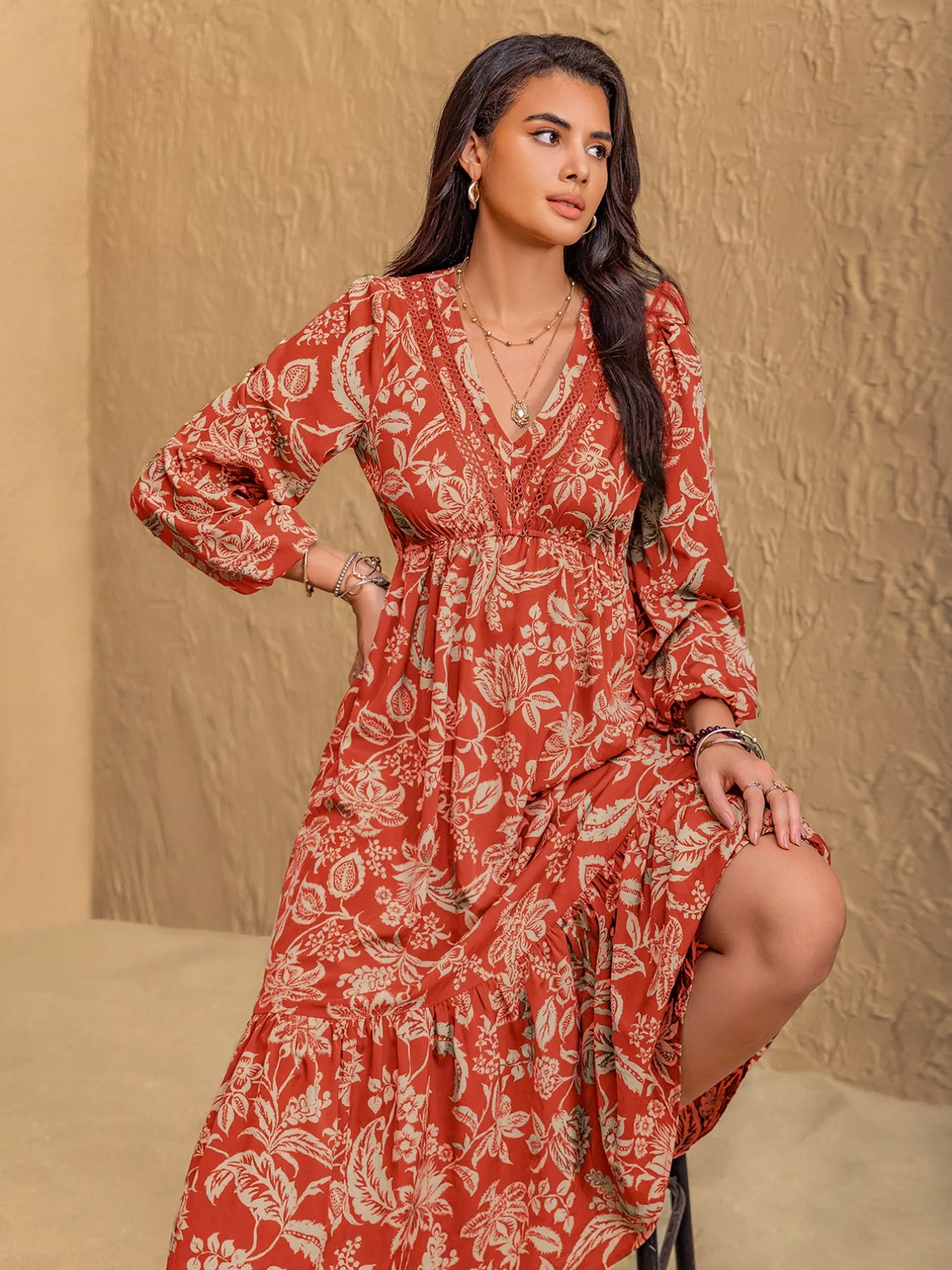 Boho Floral Print Long Sleeve Midi Dress - Image 6