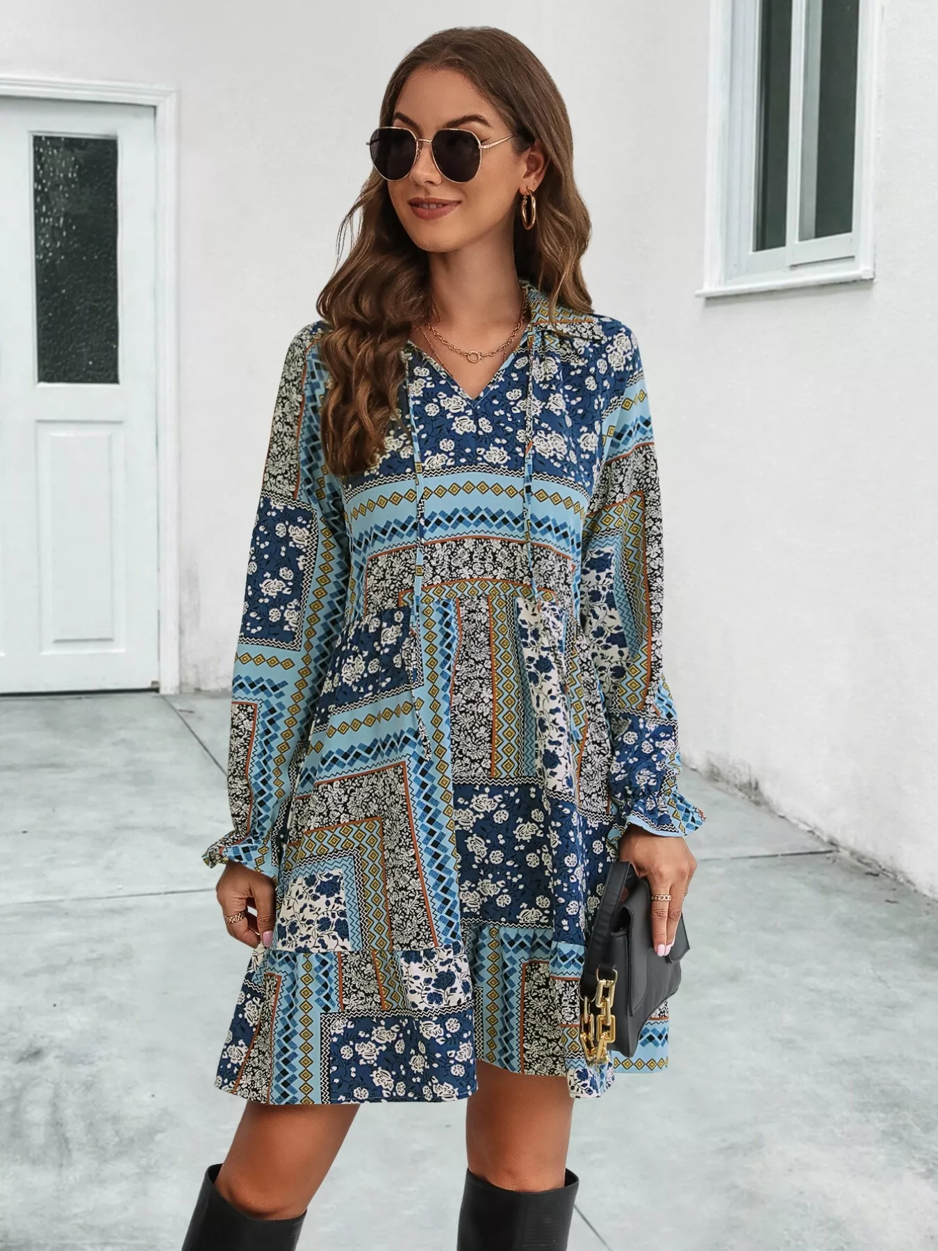 Boho Floral Print Long Sleeve Mini Dress - Image 10