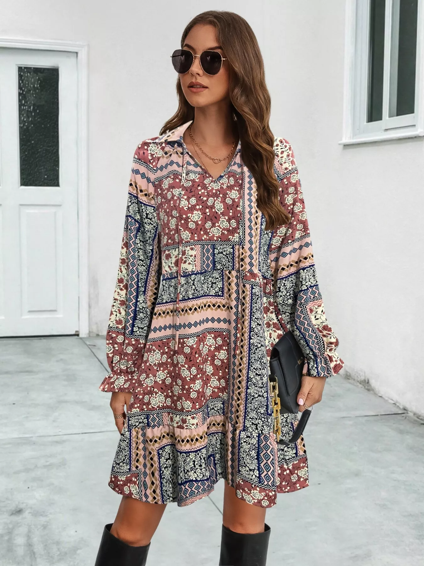 Boho Floral Print Long Sleeve Mini Dress - Image 3