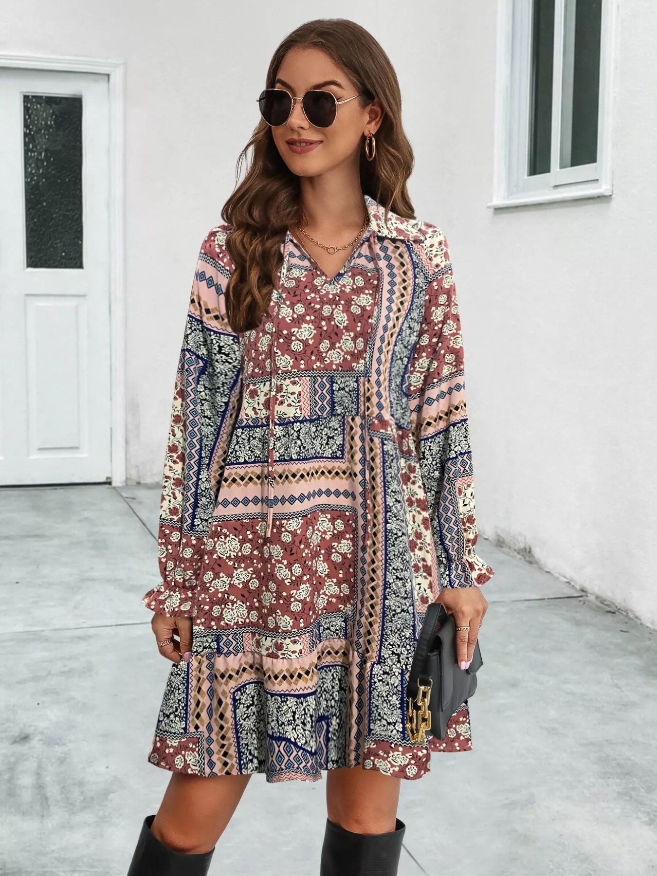 Boho Floral Print Long Sleeve Mini Dress - Image 5