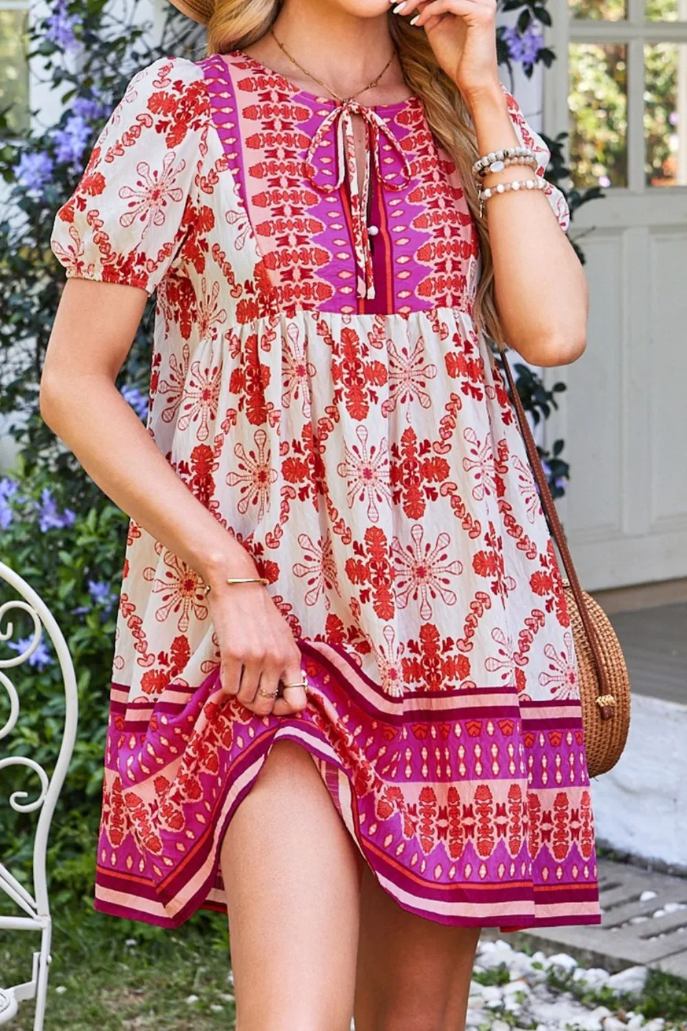 Boho Floral Short Sleeve Tie Neck Mini Dress - Image 2