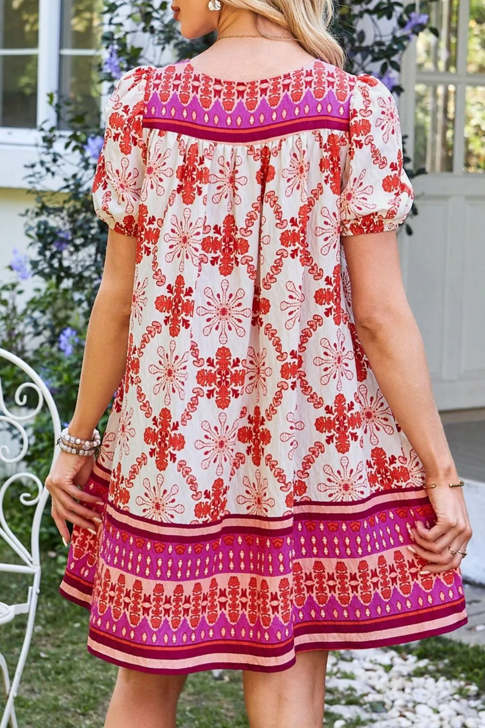 Boho Floral Short Sleeve Tie Neck Mini Dress - Image 4