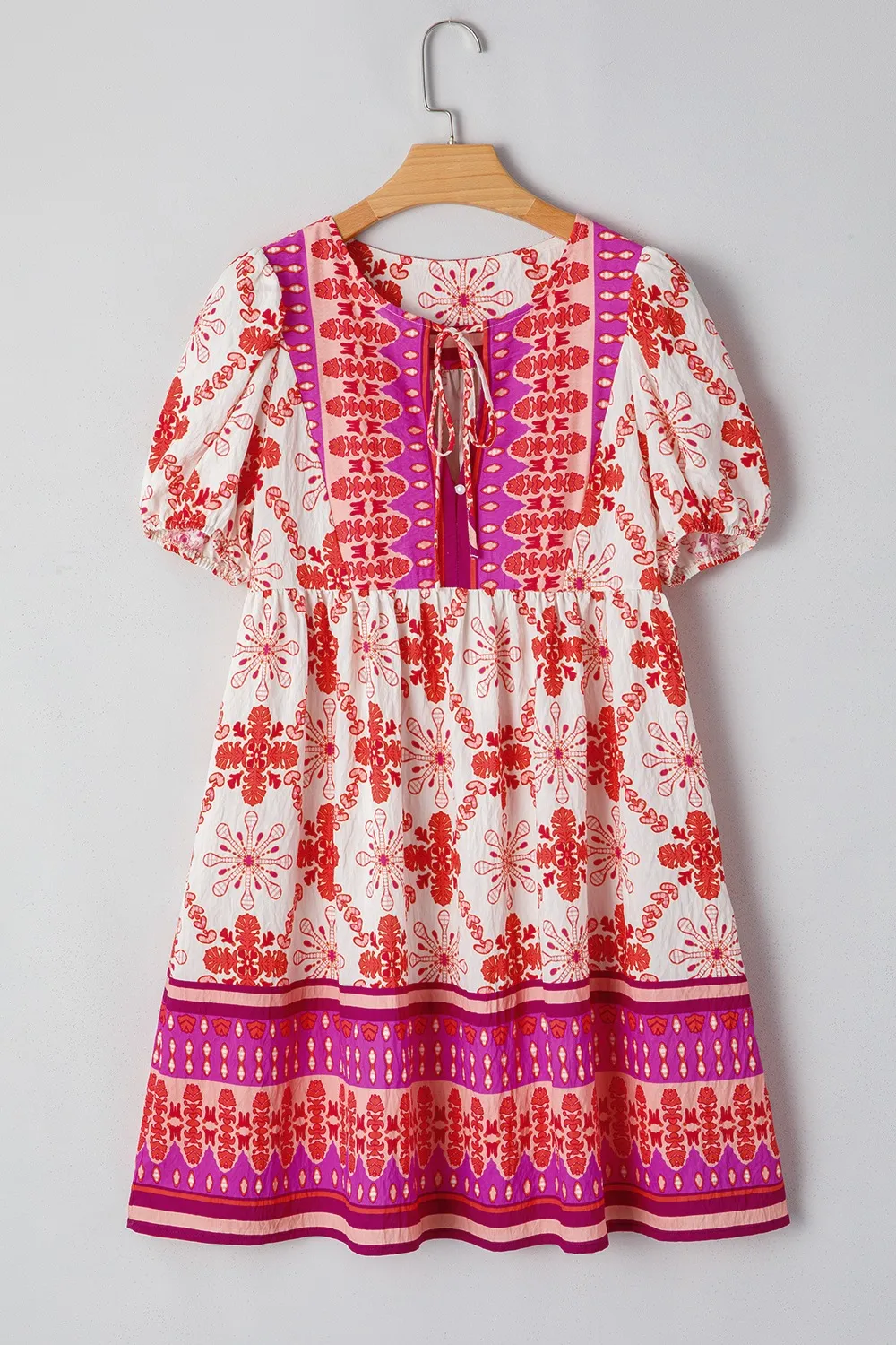 Boho Floral Short Sleeve Tie Neck Mini Dress - Image 7