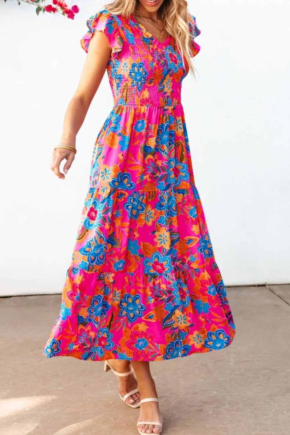 Boho Floral V Neck Ruffle Tiered Dress - Image 4