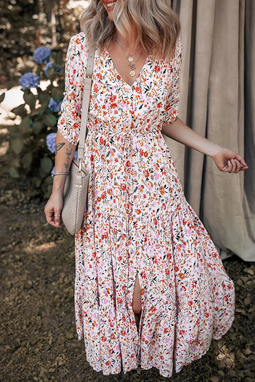 Boho Half Sleeve Floral V Neck Maxi Dress - Image 3