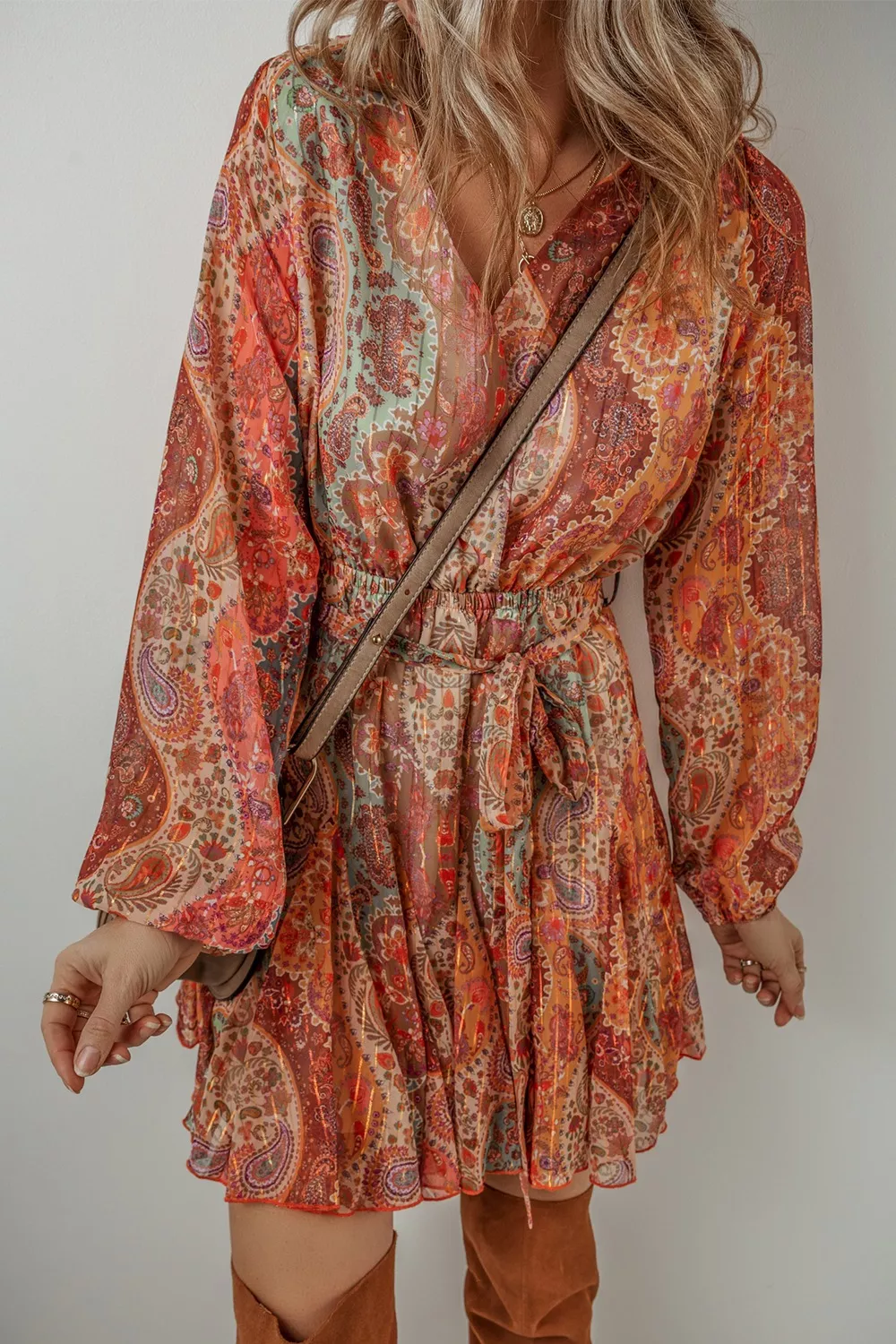 Boho Paisley Print Long Sleeve Mini Dress