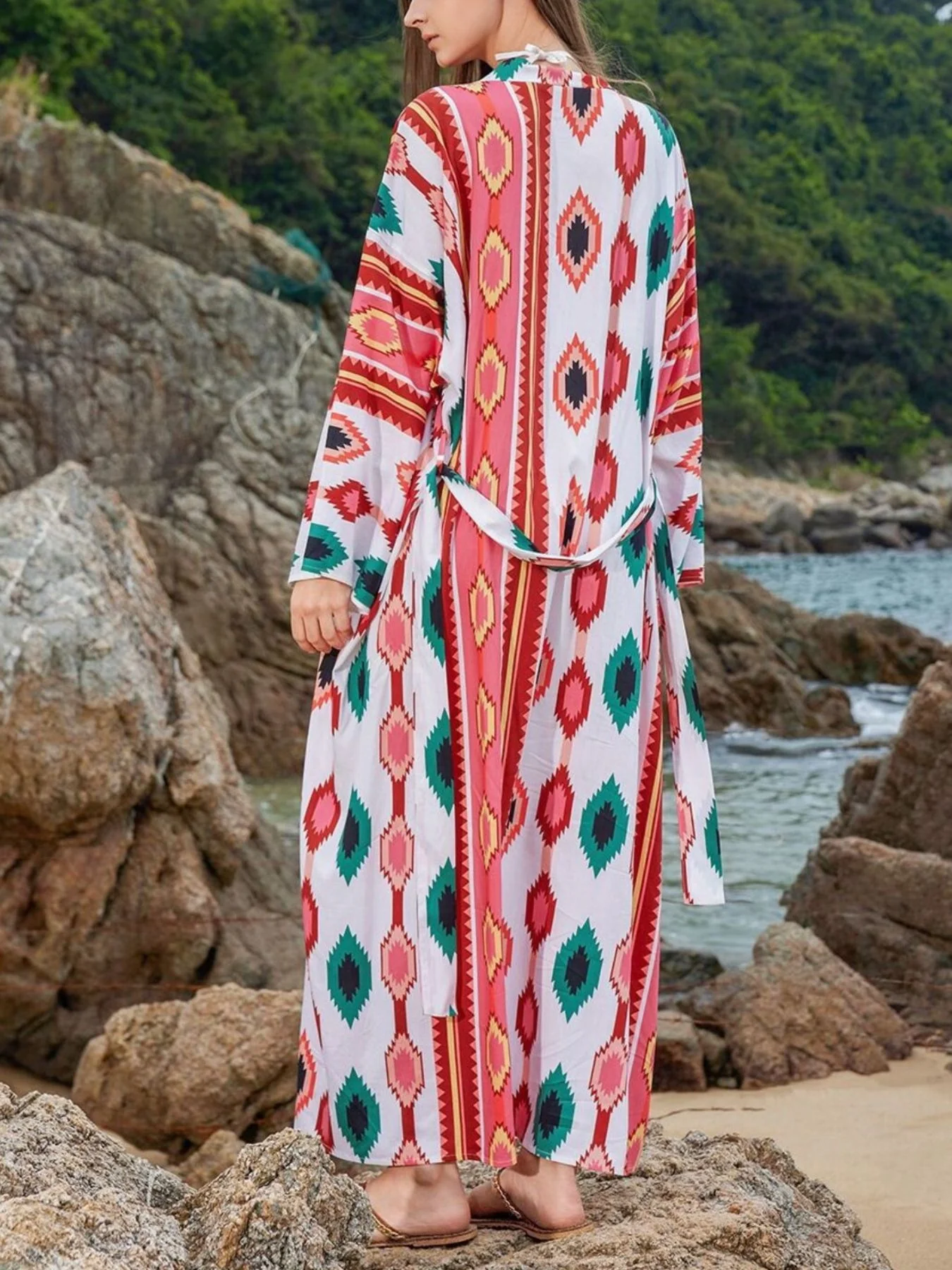 Boho Print Long Sleeve Beach Cover-Up - Image 10