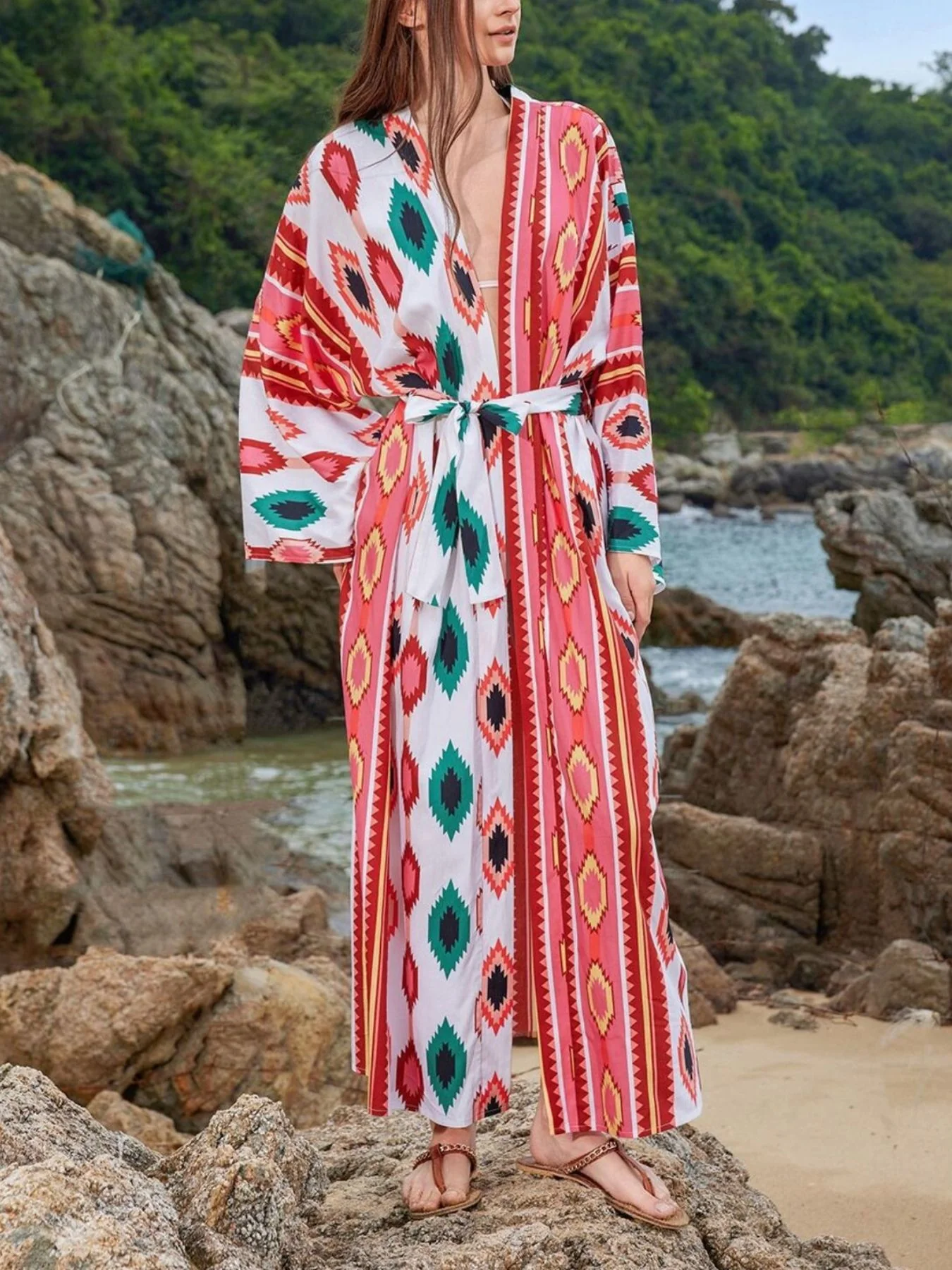 Boho Print Long Sleeve Beach Cover-Up - Image 6
