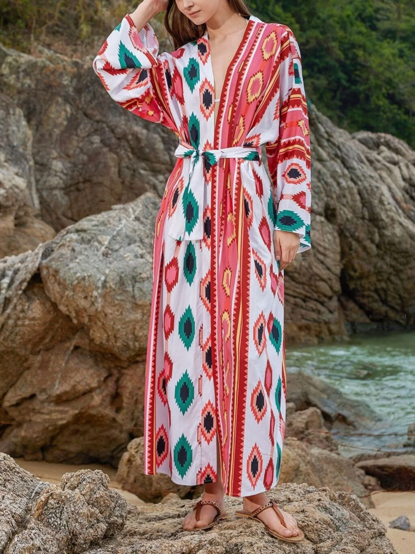 Boho Print Long Sleeve Beach Cover-Up - Image 7