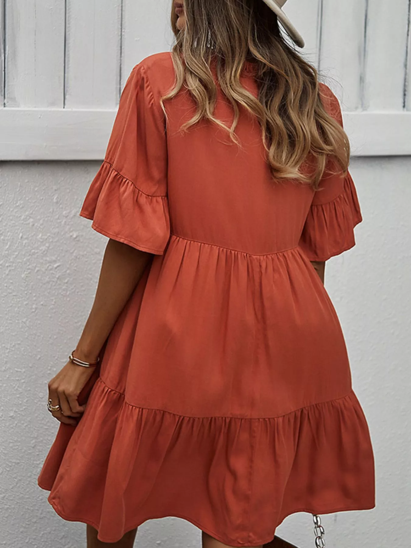 Boho Ruffle Sleeve Button Down Tiered Mini Dress - Image 2