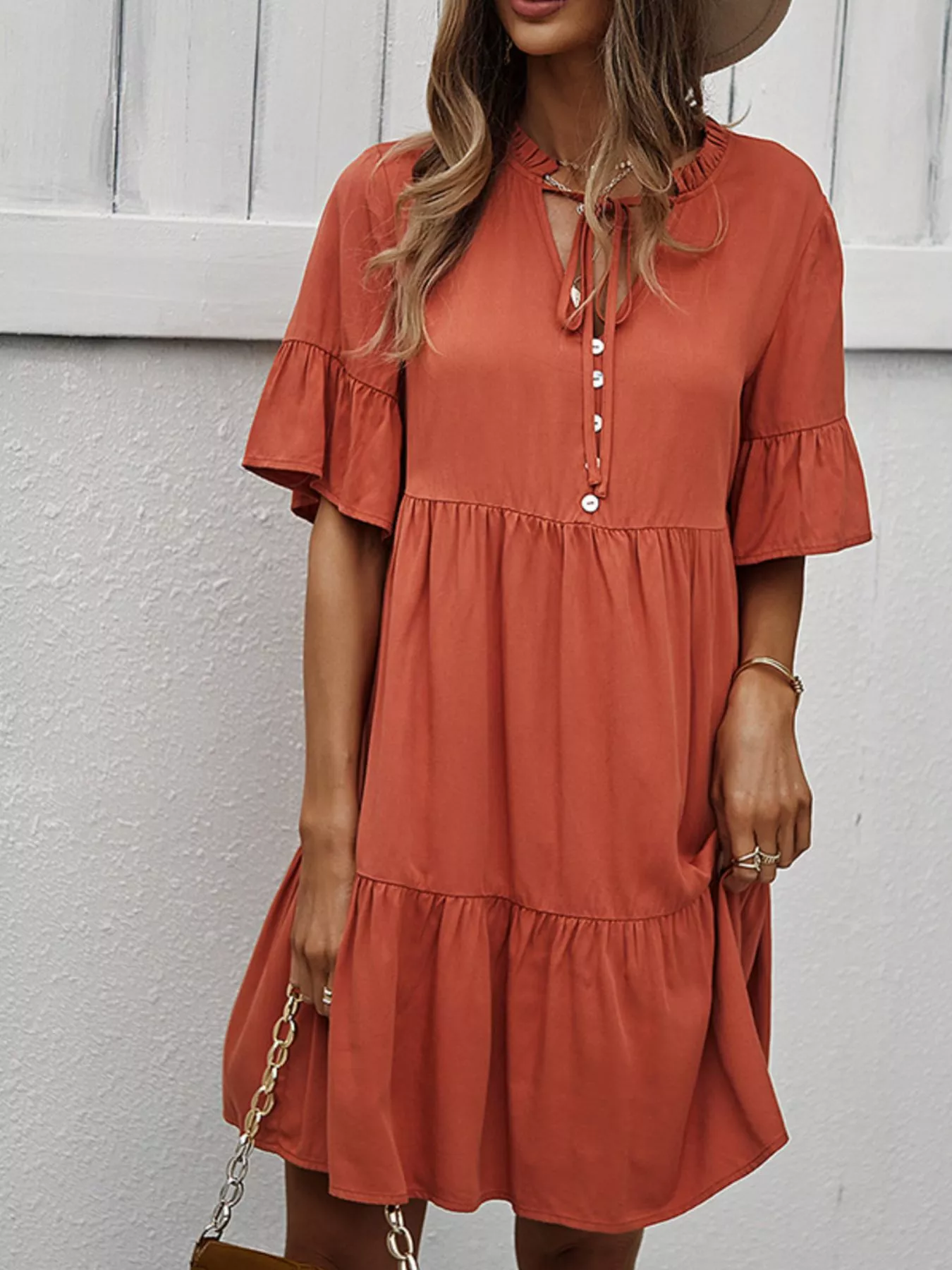 Boho Ruffle Sleeve Button Down Tiered Mini Dress - Image 3