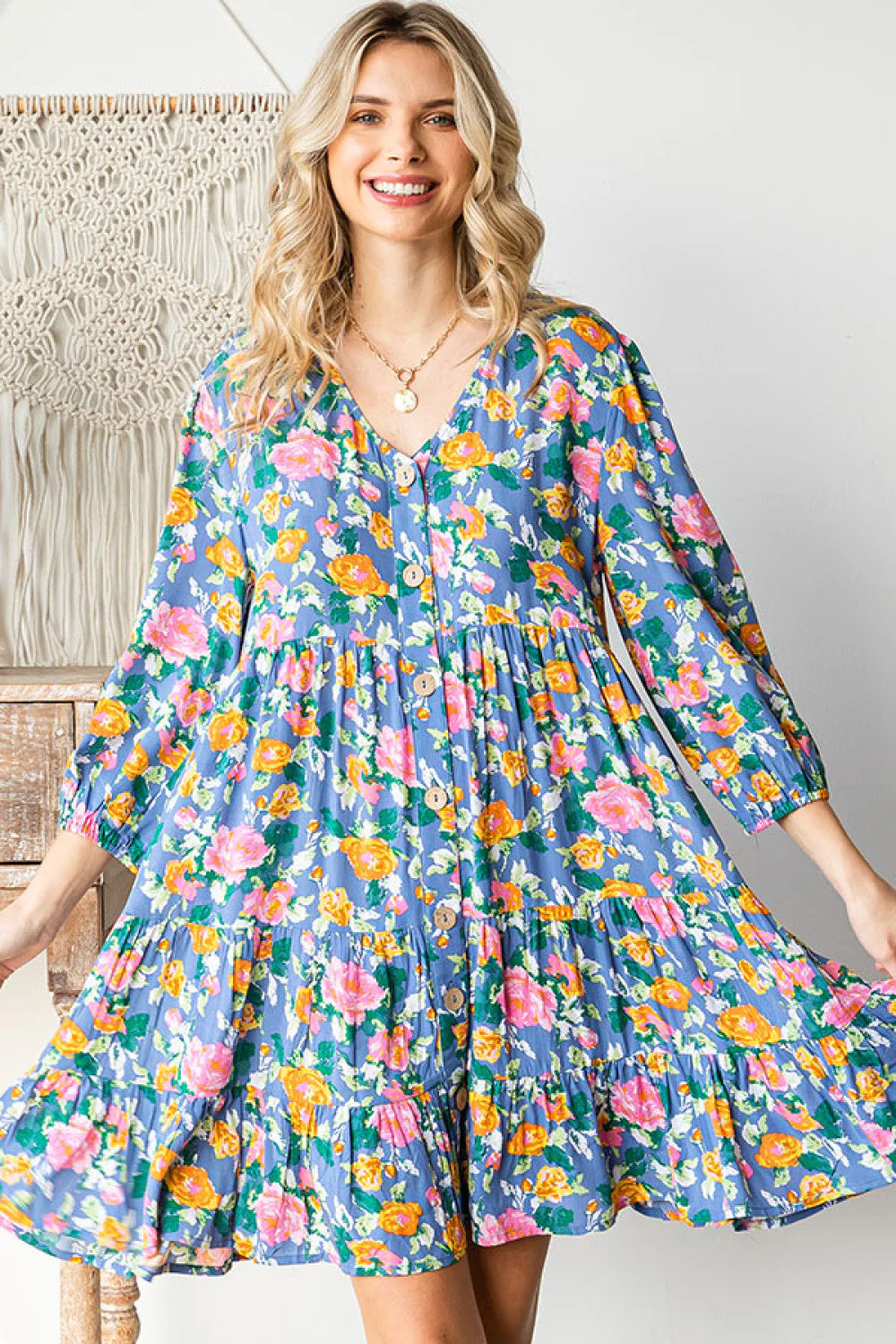 Boho Vibes Cotton Floral Button Down 3/4 Sleeve Tiered Dress - Image 5