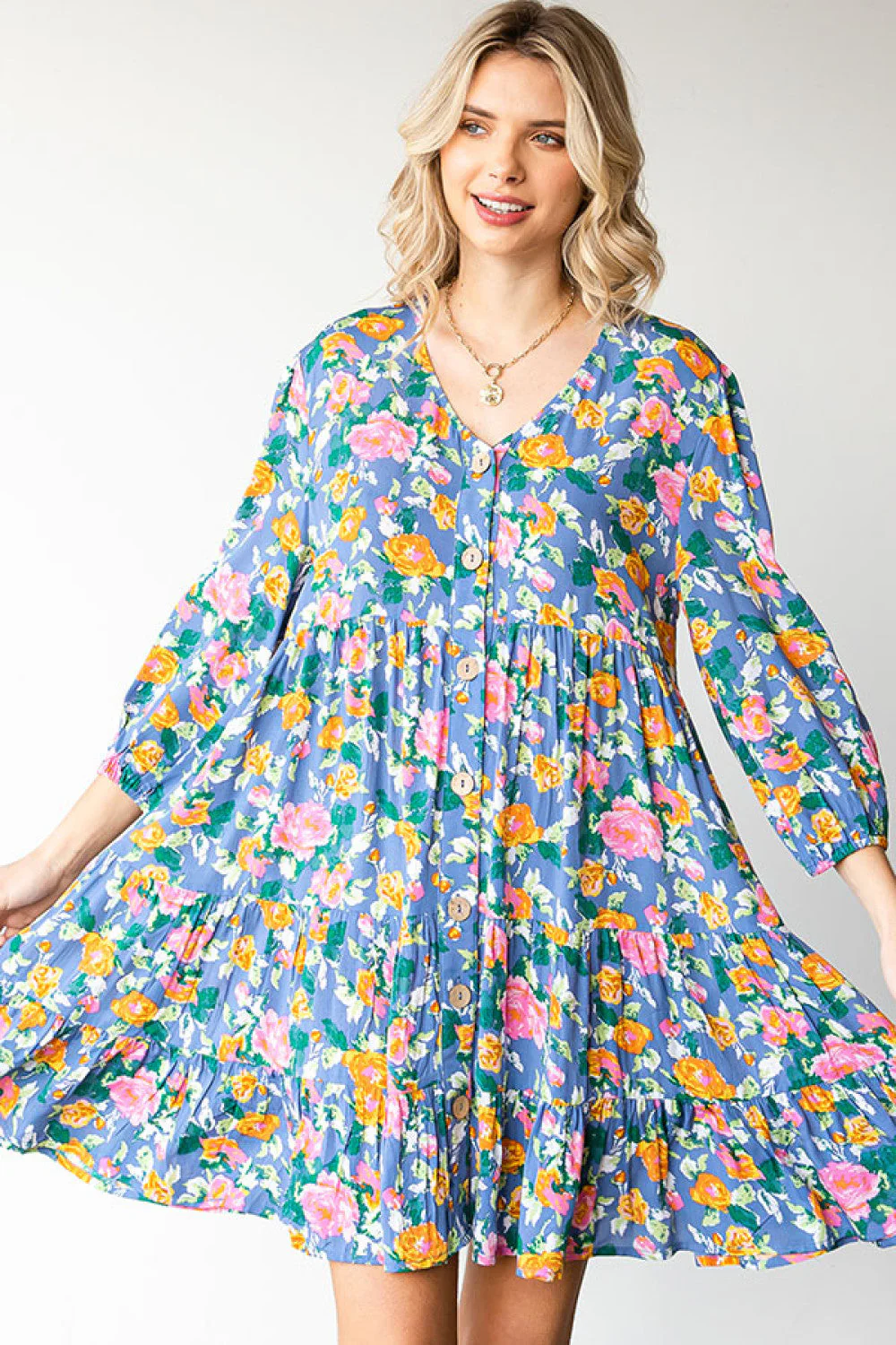 Boho Vibes Cotton Floral Button Down 3/4 Sleeve Tiered Dress - Image 7