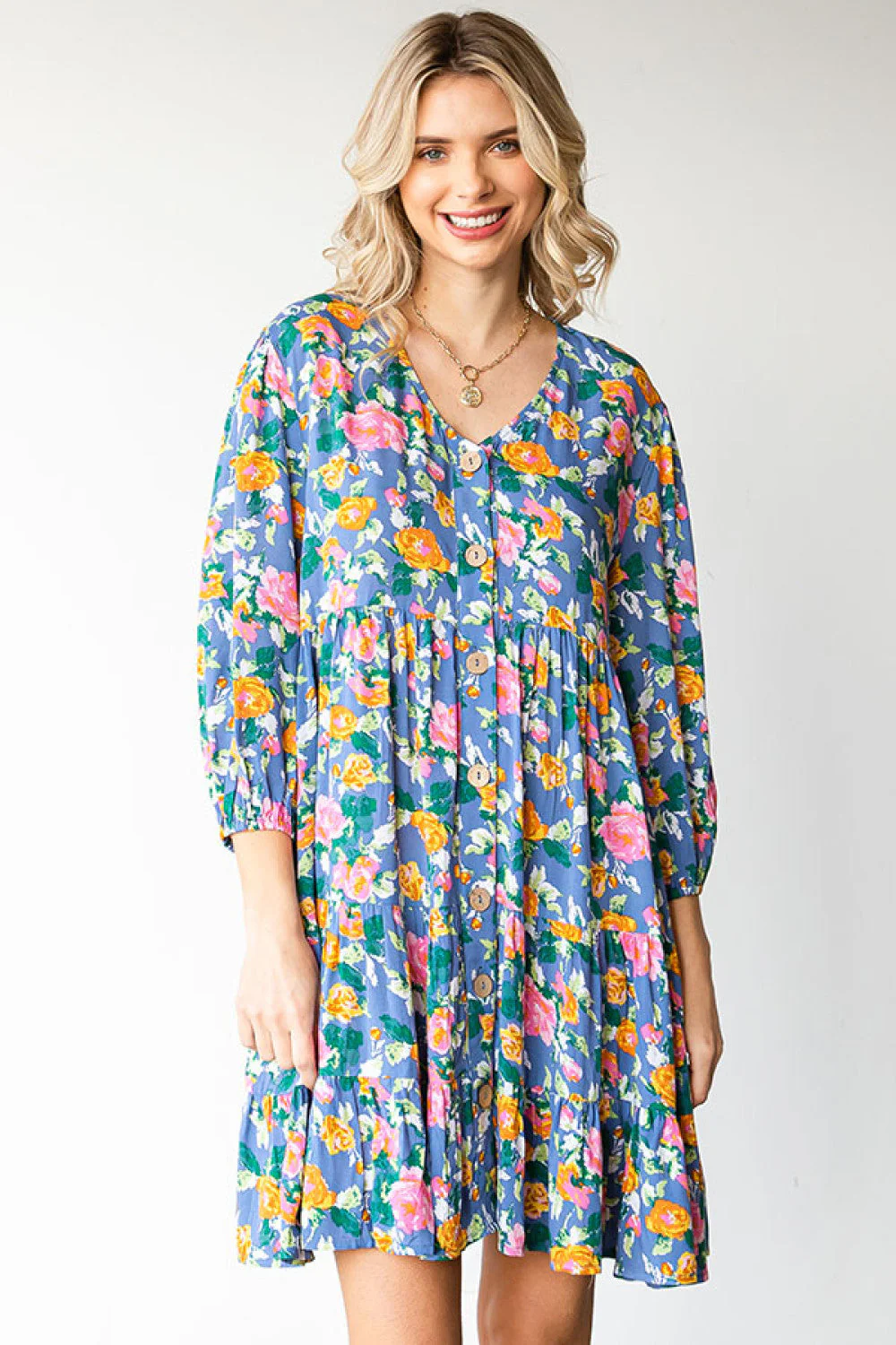 Boho Vibes Cotton Floral Button Down 3/4 Sleeve Tiered Dress - Image 8