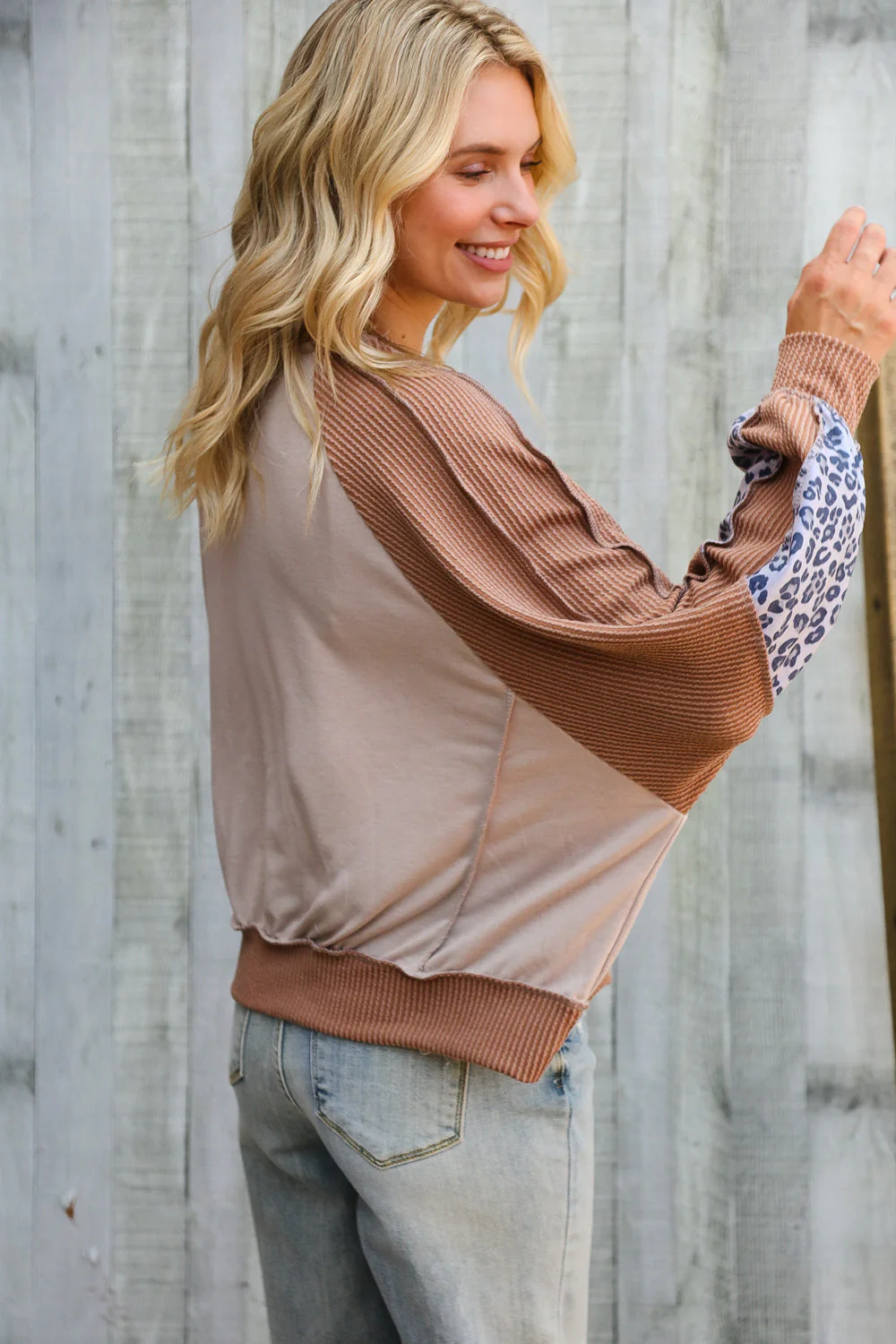 Lock Eyes Taupe & Animal Print Dolman Colorblock Terry Top - Image 7