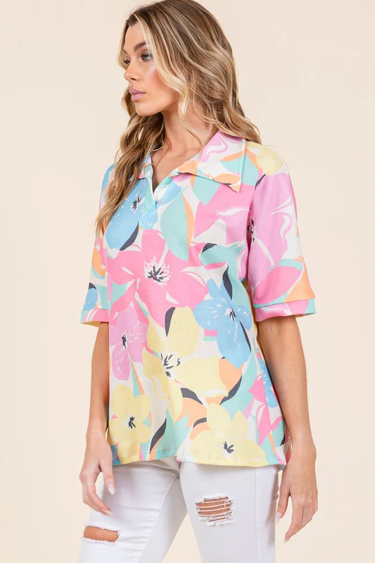 BOMBOM Floral Collared Neck Half Sleeve Top - Image 3
