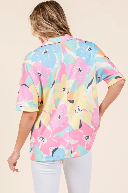 BOMBOM Floral Collared Neck Half Sleeve Top - Image 4