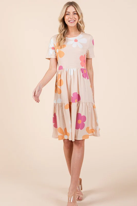 BOMBOM Floral Round Neck Short Sleeve Tiered Dress - Image 2