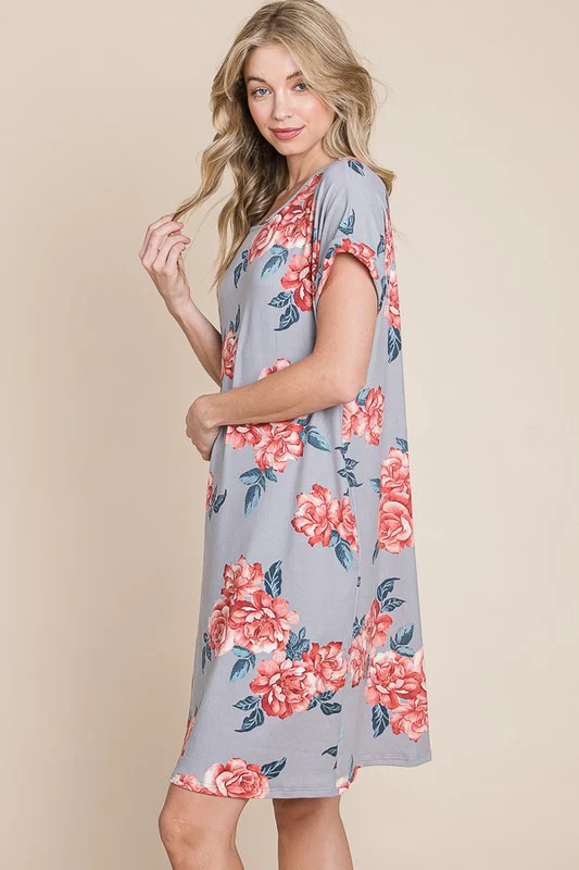 BOMBOM Floral Round Neck Short Tee Dress with Pockets - Image 3