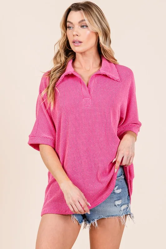BOMBOM Ribbed Collared Neck Top - Image 2