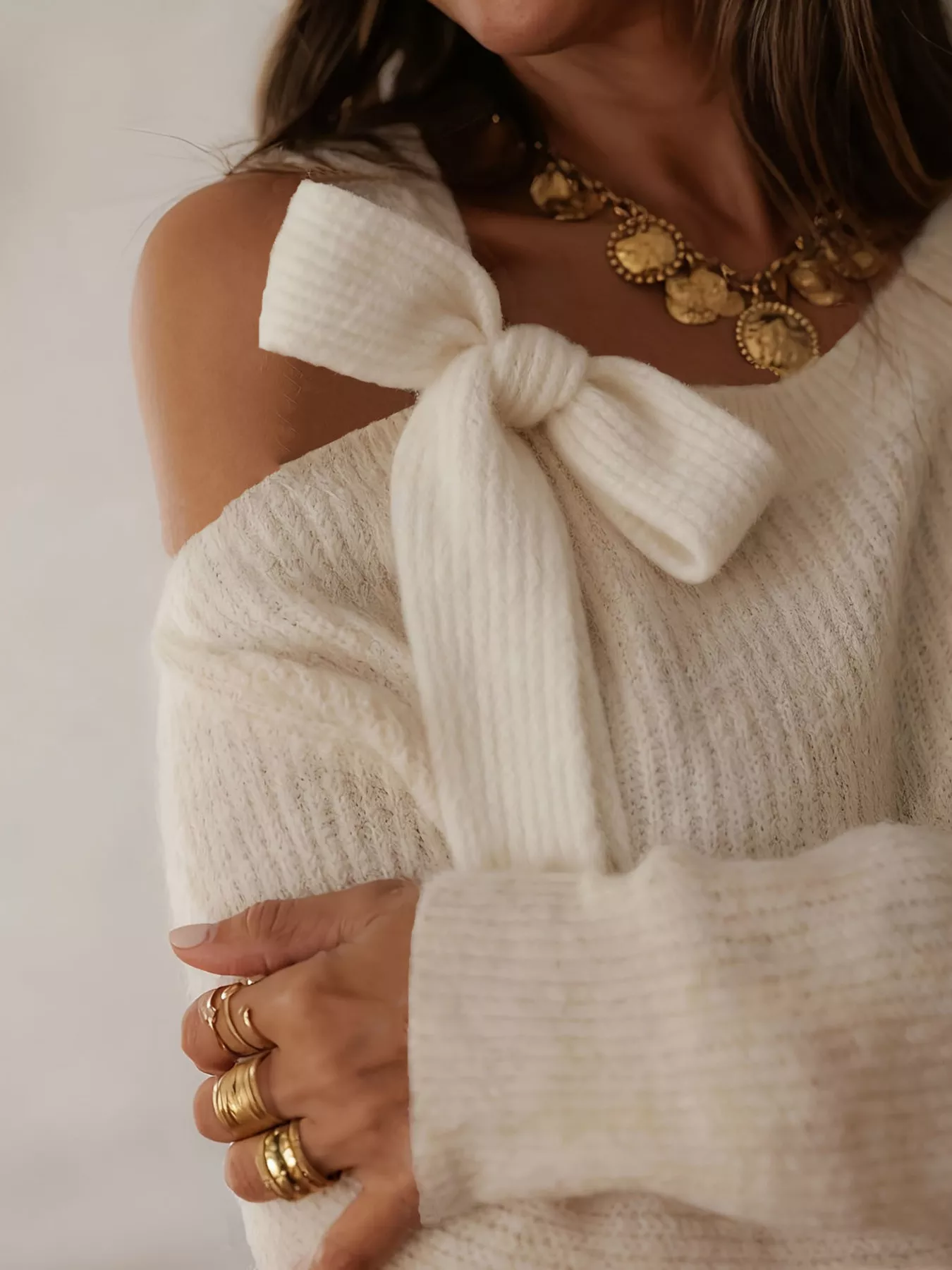Bow-Accent One-Shoulder Sweater - Image 4