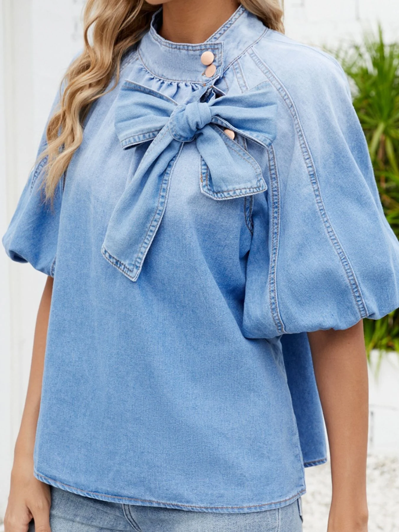 Bow Accent Puff Sleeve Denim Top - Image 5