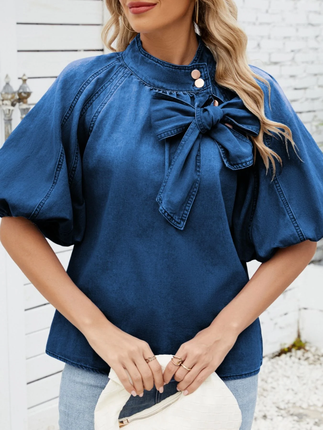 Bow Accent Puff Sleeve Denim Top - Image 6