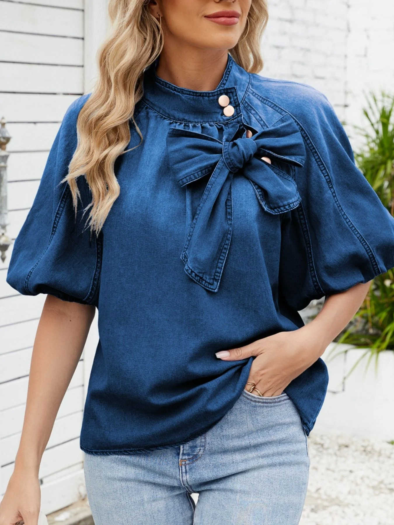 Bow Accent Puff Sleeve Denim Top - Image 7