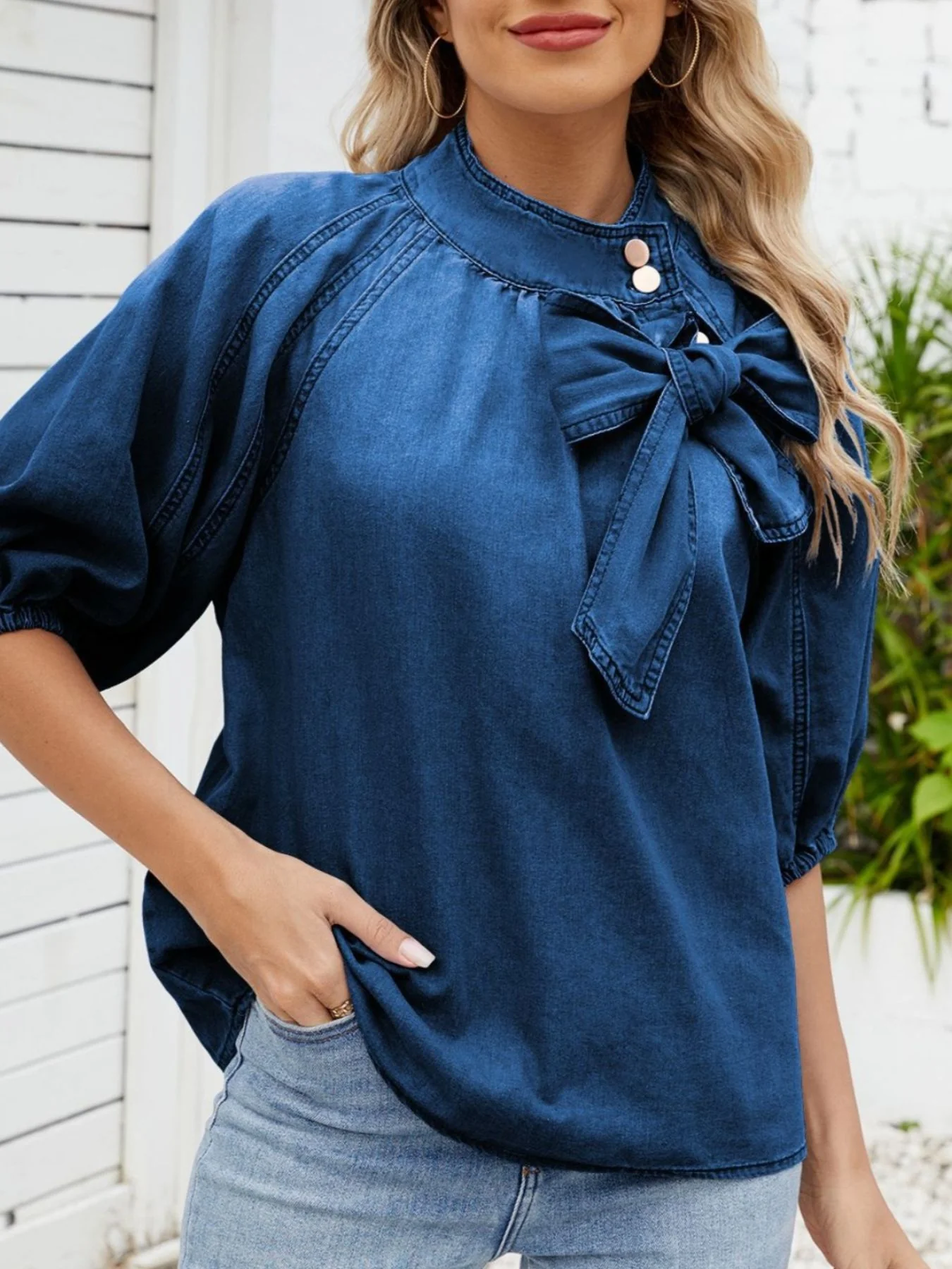 Bow Accent Puff Sleeve Denim Top - Image 8