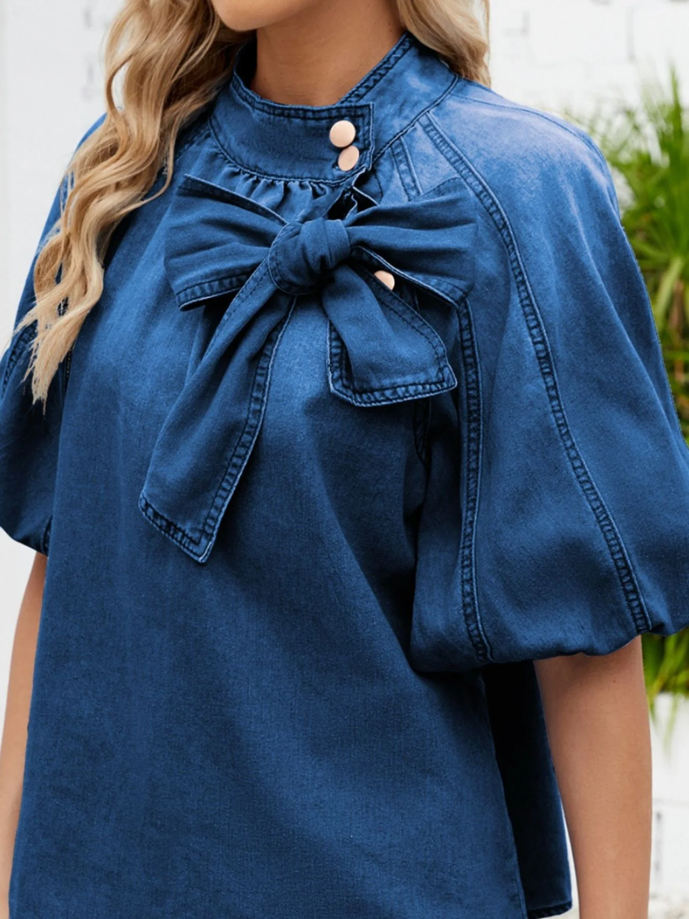 Bow Accent Puff Sleeve Denim Top - Image 9