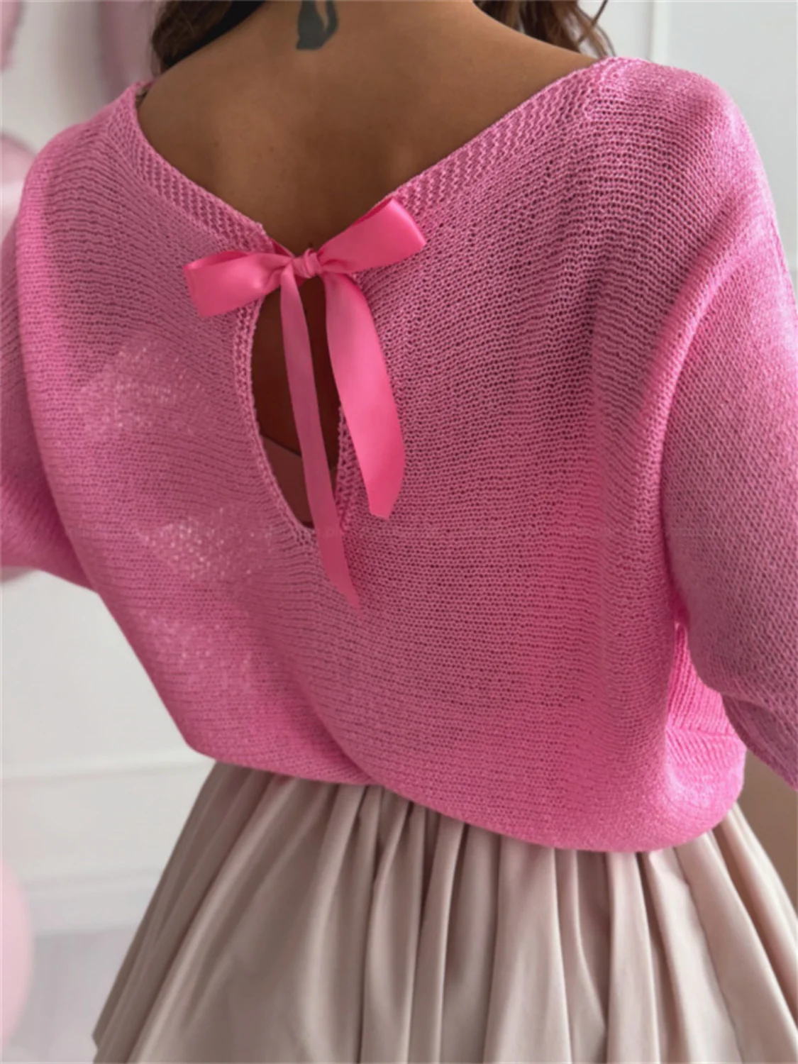 Bow Back Boat Neck Batwing Sleeve Sweater - Image 9