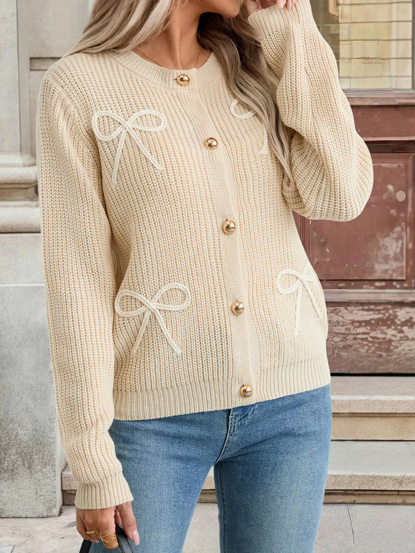 Bow Button Up Long Sleeve Cardigan - Image 4